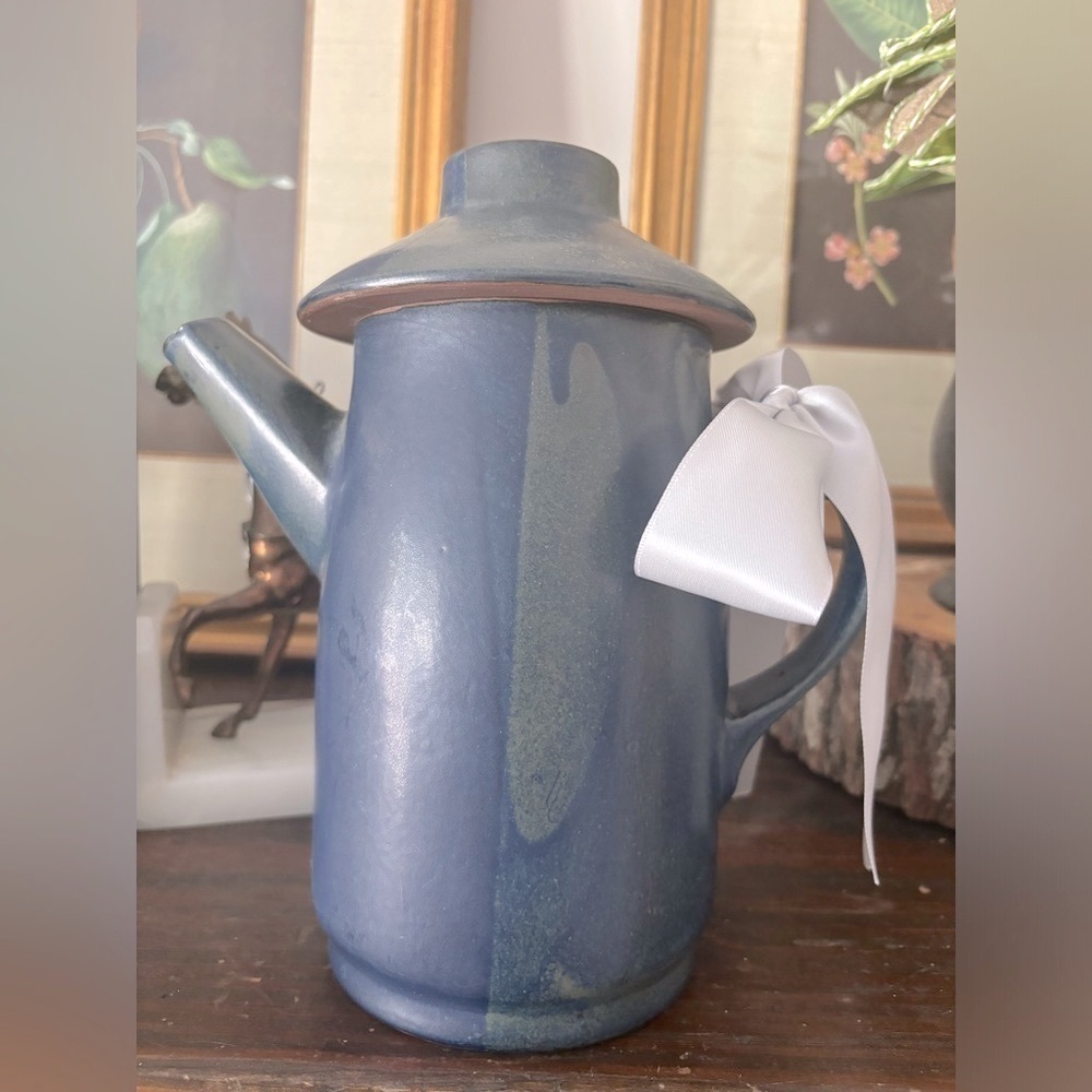 Vintage MCM Redware Pottery Pitcher. 9”T Navy | Marked | Oriental | Mid Century